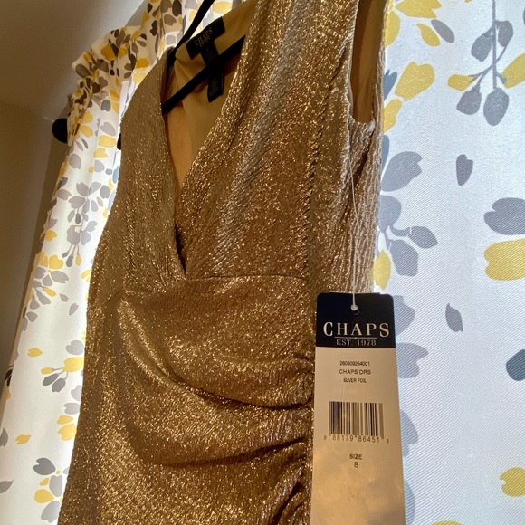 Chaps Size 8 Woman’s Dress. Sleeveless, Knee Length, V-neck. Color is Gold. - Picture 4 of 5